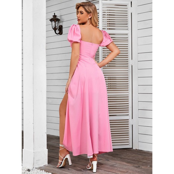 cottagecore Puff Sleeve Tie Front Off Shoulder Slit Thigh maxi Dress black - Picture 9 of 11